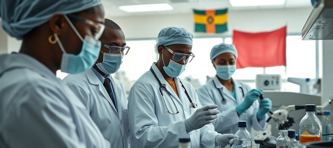 A detailed, realistic depiction of healthcare workers in a laboratory setting in East Africa, focusing on Ebola virus research and preparedness, with national flags subtly in the background. Scientific, hopeful atmosphere.