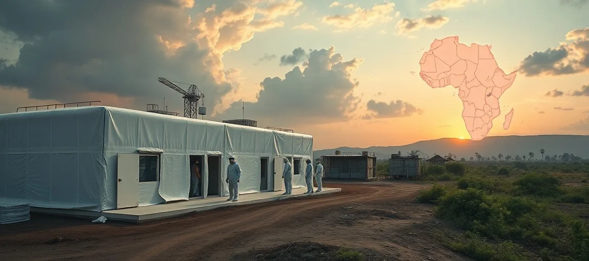 A detailed, realistic depiction of a modern, sterile quarantine facility under construction in a Kenyan landscape, with medical personnel in PPE. In the background, a map of the Democratic Republic of Congo highlighted, suggesting an ongoing health crisis. Emphasize urgency and global collaboration, dawn lighting.