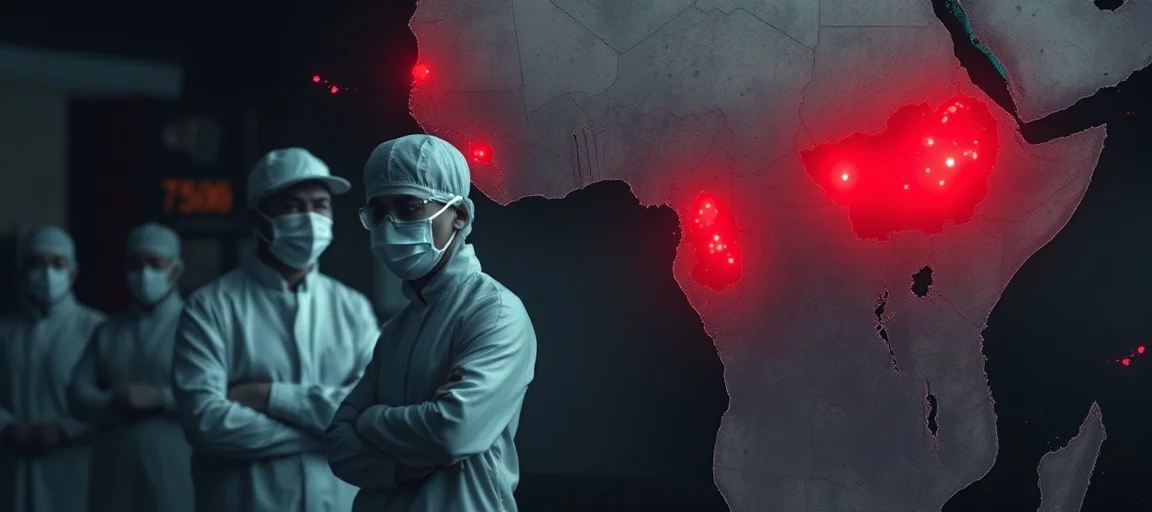 Urgent image: Central Africa map with glowing red Ebola hotspots, foreground medical personnel in PPE. Somber, determined tone, global health alert style.