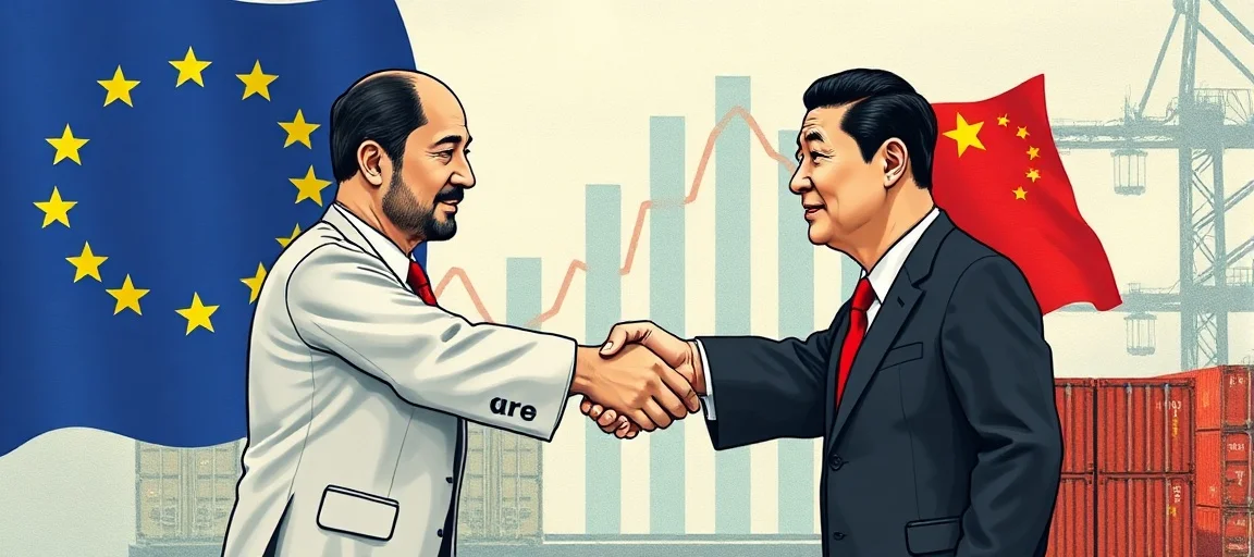 A detailed depiction of a handshake between two figures representing the EU and China, set against a backdrop of trade graphs and shipping containers, with a serious but hopeful tone, in a modern, diplomatic art style.
