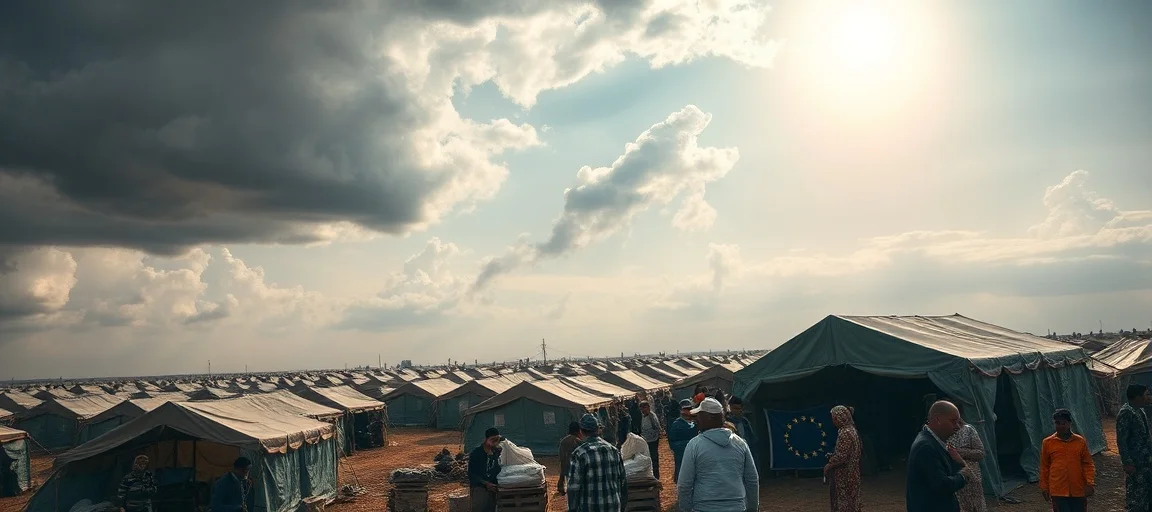 An aerial view of a relief camp with tents, aid workers distributing supplies, and a diverse group of people, under a sky with both storm clouds and sunlight, symbolizing challenge and hope. European Union flag subtly visible.