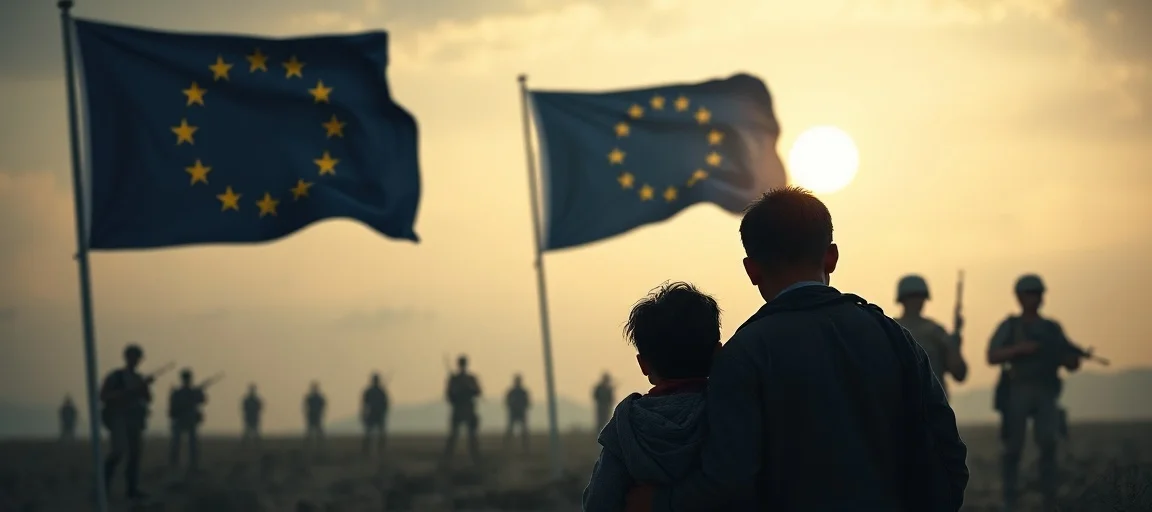 A distressed Afghan family looking towards a distant, imposing European Union flag, with the silhouette of armed figures in the background, stylized as a news illustration, somber lighting.