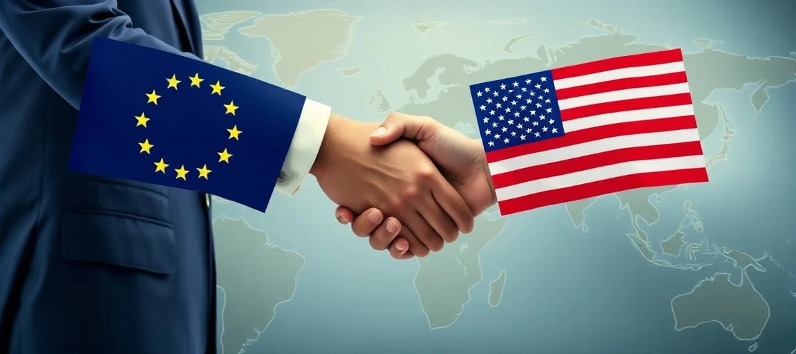 A handshake between two figures representing the EU and US, with a backdrop of a global trade map, in a sophisticated, diplomatic art style, subtle lighting, symbolizing cooperation and averted conflict.
