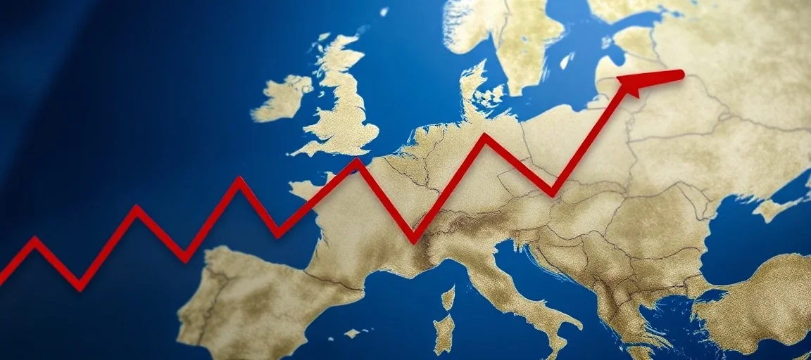 A graph showing the fluctuation of the Euro currency, with a European map in the background, symbolizing the economic instability in the region.