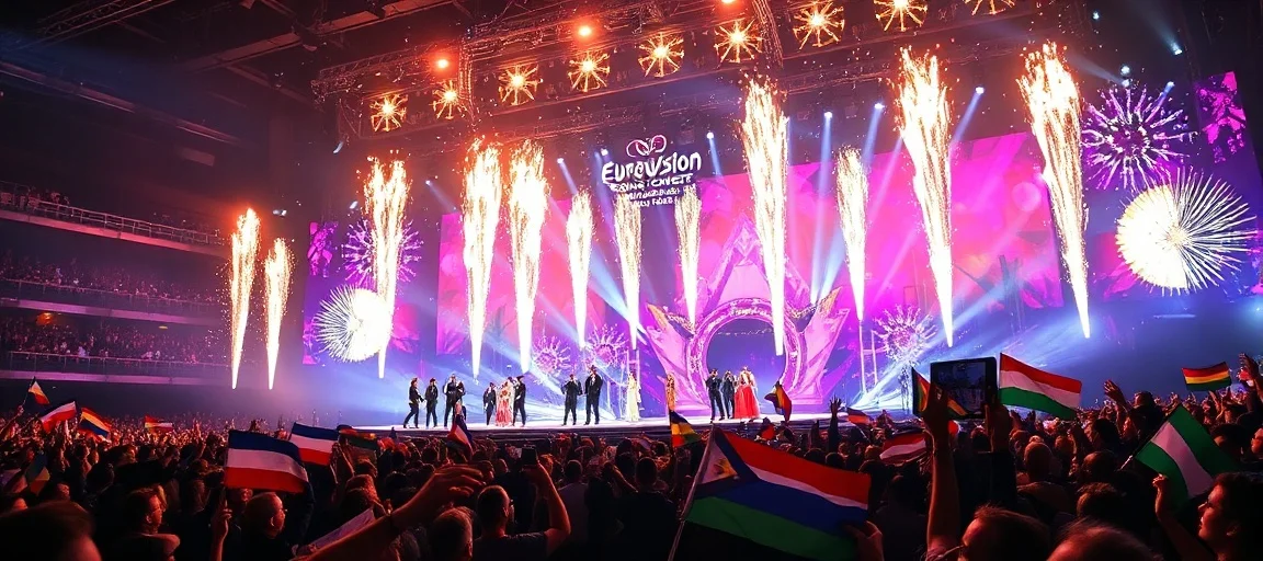 A vibrant, dynamic stage from the Eurovision Song Contest, with performers in elaborate costumes, surrounded by dazzling light shows and pyrotechnics, a diverse audience waving flags, capturing the energy and unity of the event.