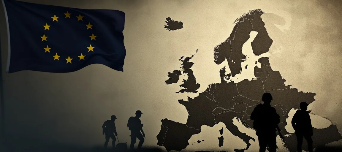 A somber, dramatic image depicting European flags and a distressed map of Europe, with shadows of military figures. Emphasize geopolitical tension and uncertainty, a realistic style.