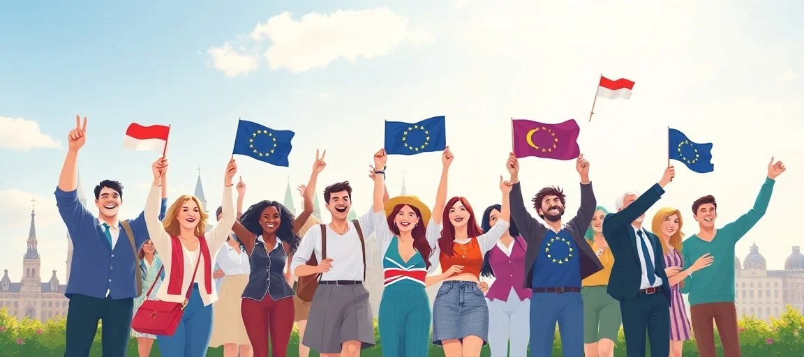 A vibrant, diverse group of people from various European countries celebrating together, holding small EU flags, with iconic European landmarks subtly in the background under a clear, bright sky, symbolizing peace and togetherness. Art style: optimistic, modern illustration.
