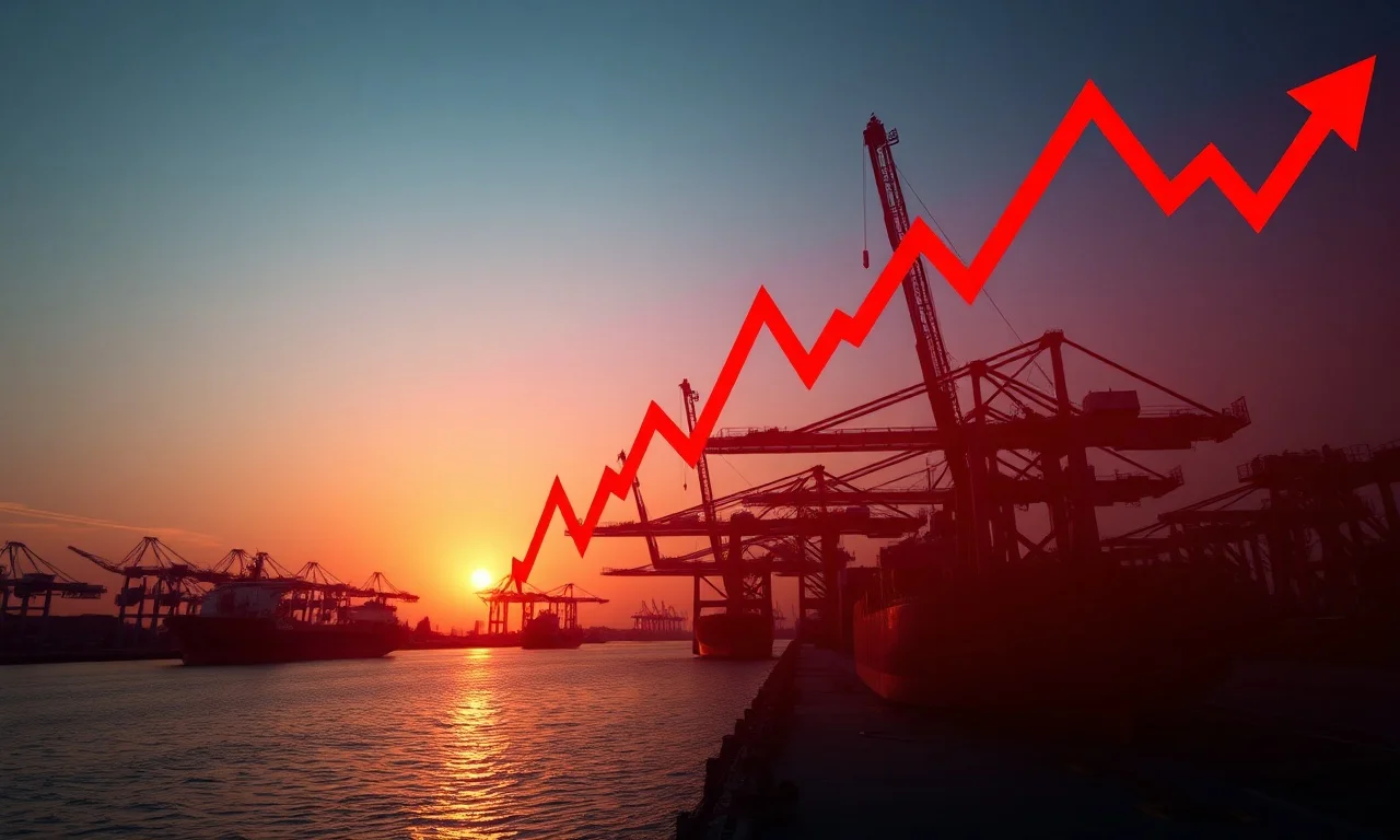 A cinematic shot of a European shipping port at sunset with a red-tinted economic graph overlaying the silhouette of oil tankers and cargo cranes.
