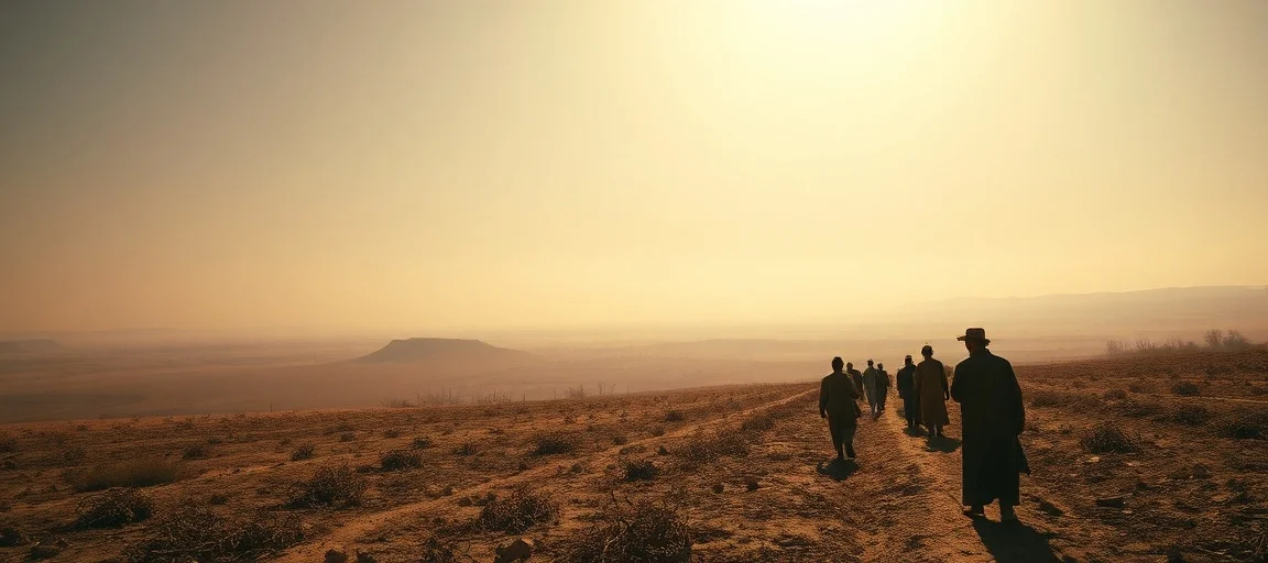 A stark, wide-angle shot of a parched European landscape under a blazing sun, with heat haze shimmering above dry fields. Show wilting crops and distressed people seeking shade, conveying urgency and extreme heat. Realistic, dramatic lighting.