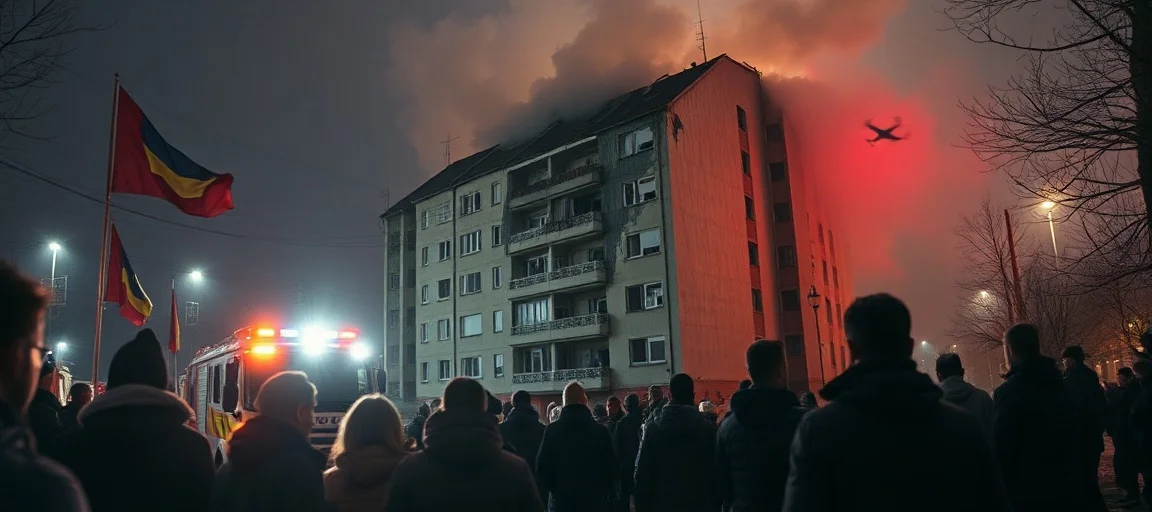 A chaotic scene in Galati, Romania, with emergency services responding to a damaged apartment building roof after a drone crash, set against a backdrop of worried citizens and NATO flags, dramatic lighting, news photography style.