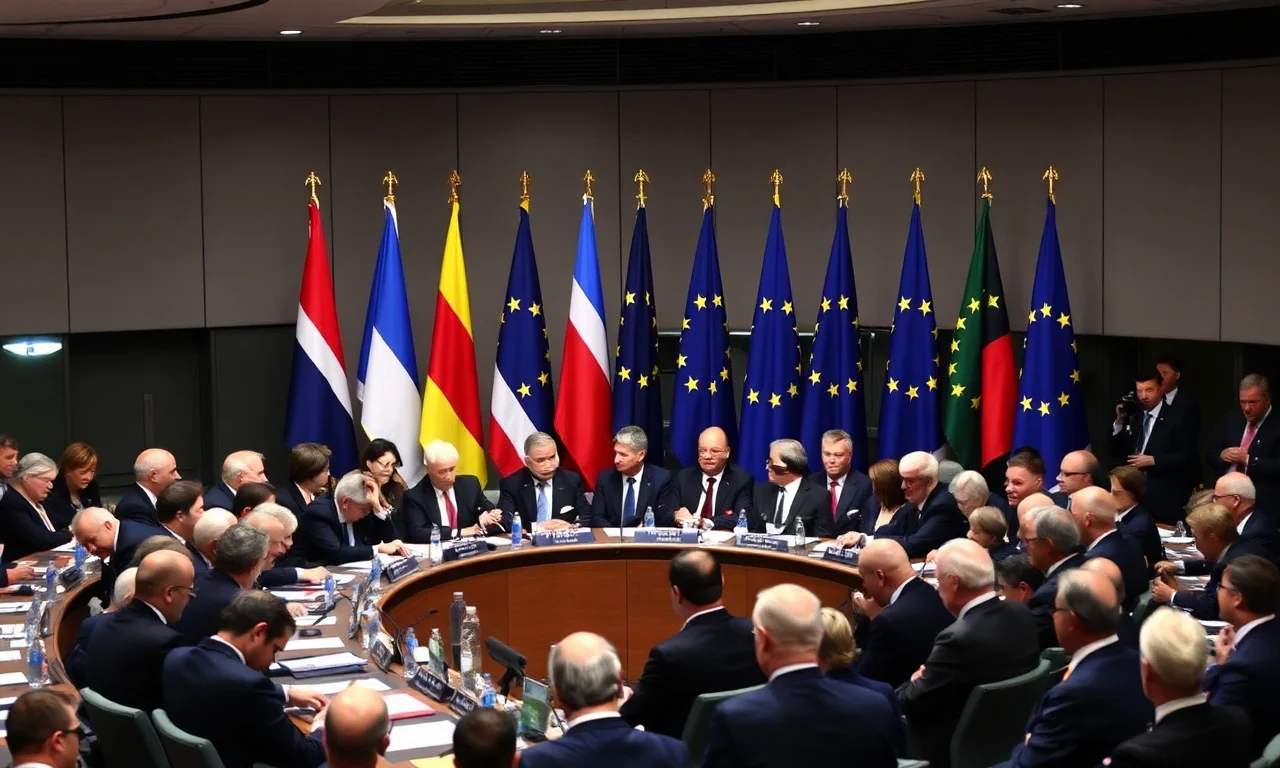 A high-level meeting of European leaders in a Brussels summit, with flags and dignitaries, conveying a sense of urgency and cooperation.