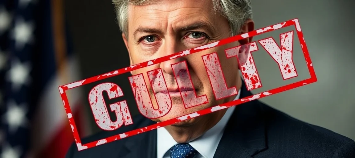 A dramatic photo of a former mayor's official portrait with a bold red stamp of 