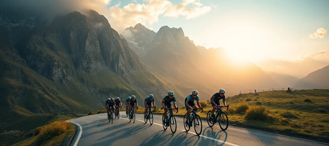 Dynamic wide-angle shot of professional cyclists racing uphill in the Dolomites during the Giro d'Italia, with dramatic mountain scenery, golden hour lighting, and a peloton stretching into the distance.