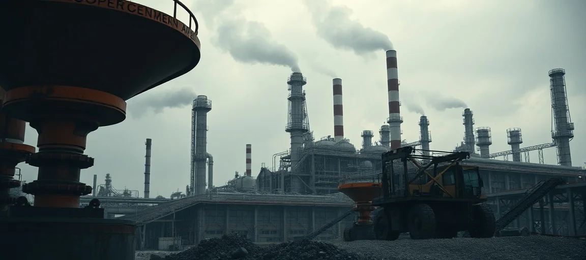 A stark image of industrial copper mining machinery against a backdrop of a chemical plant producing sulfuric acid, with a subtle hint of scarcity or disruption. Emphasize a realistic, serious tone with dramatic lighting.