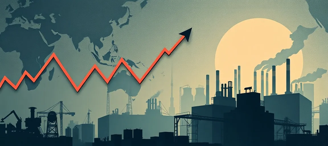 A detailed, stylized illustration showing global economic graphs trending downwards, currency symbols struggling, and a silhouette of a struggling world, with a backdrop of factories and supply chain disruptions, in a modern, slightly abstract financial news style, dramatic lighting.