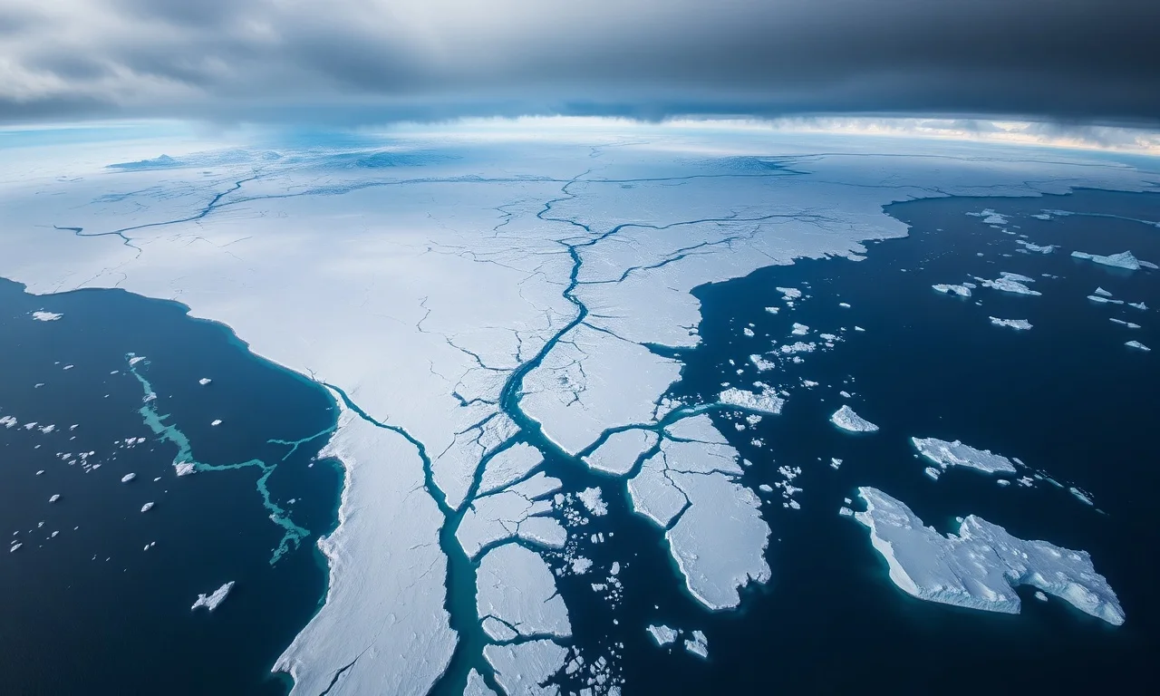 An aerial view of Greenland's massive ice sheet, showing significant meltwater rivers flowing into the ocean, dramatic cracks, and icebergs calving, under a dramatic, slightly ominous sky, photorealistic style.
