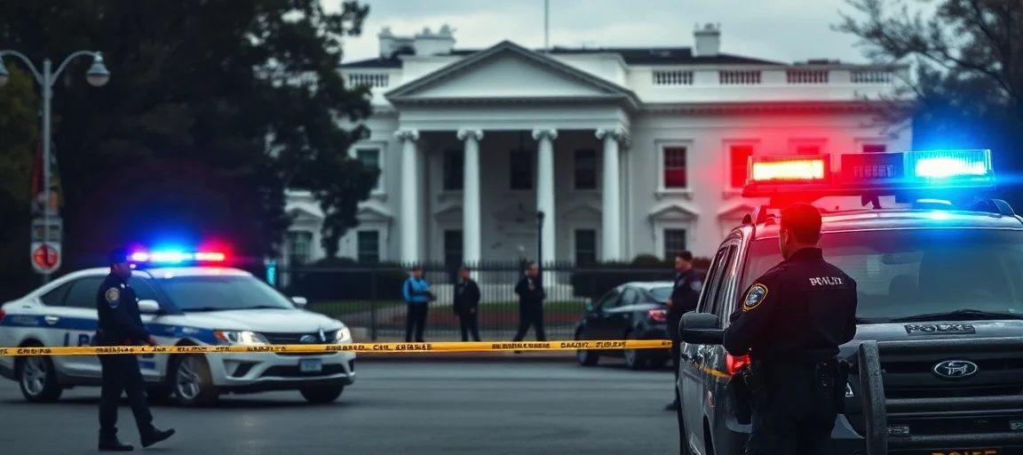 An intense, realistic news photograph showing a police perimeter near the White House, with flashing emergency lights, security personnel, and a sense of urgency, day time, photojournalism style.