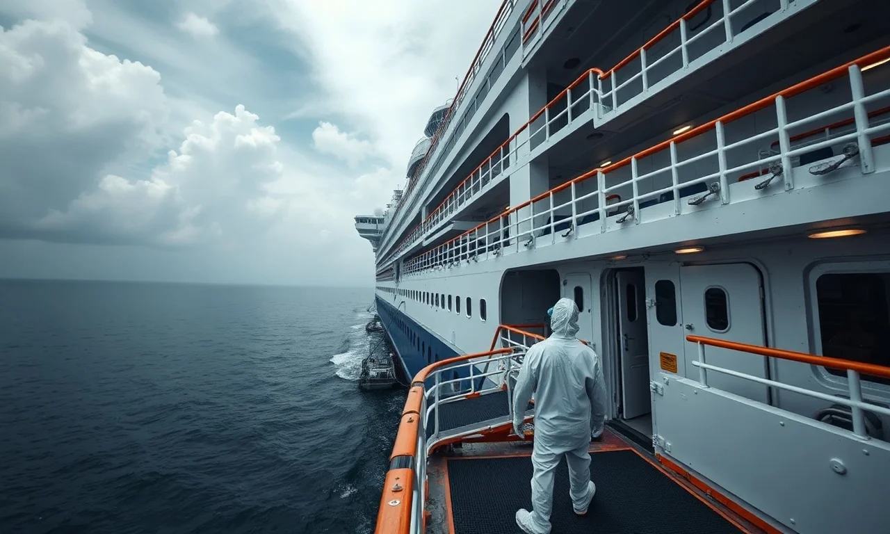 A dramatic, high-angle shot of a large cruise ship docked off the coast of an African port, with medical personnel in hazmat suits visible on the gangway, in a somber, realistic news photography style.