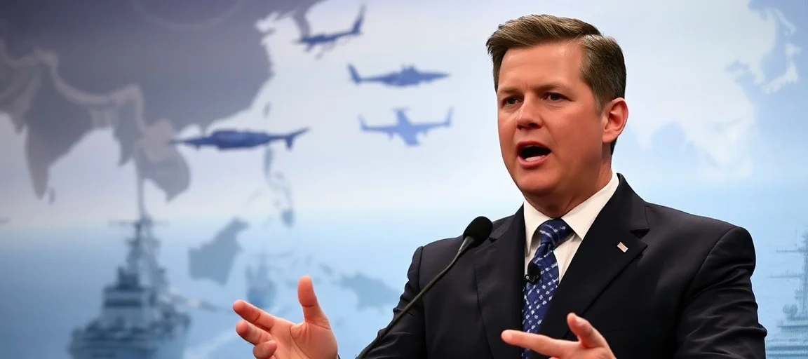 A dynamic image depicting U.S. Defense Secretary Pete Hegseth speaking at a global security forum, with subtle background imagery of naval ships in the Pacific and a map highlighting the Indo-Pacific region, in a serious, geopolitical news style.