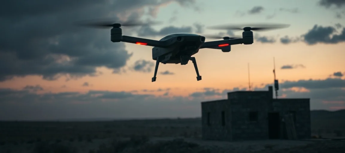 A dramatic, realistic image showing a fiber-optic guided drone hovering menacingly near an Israeli military outpost in northern Israel at dusk, with subtle signs of tension.