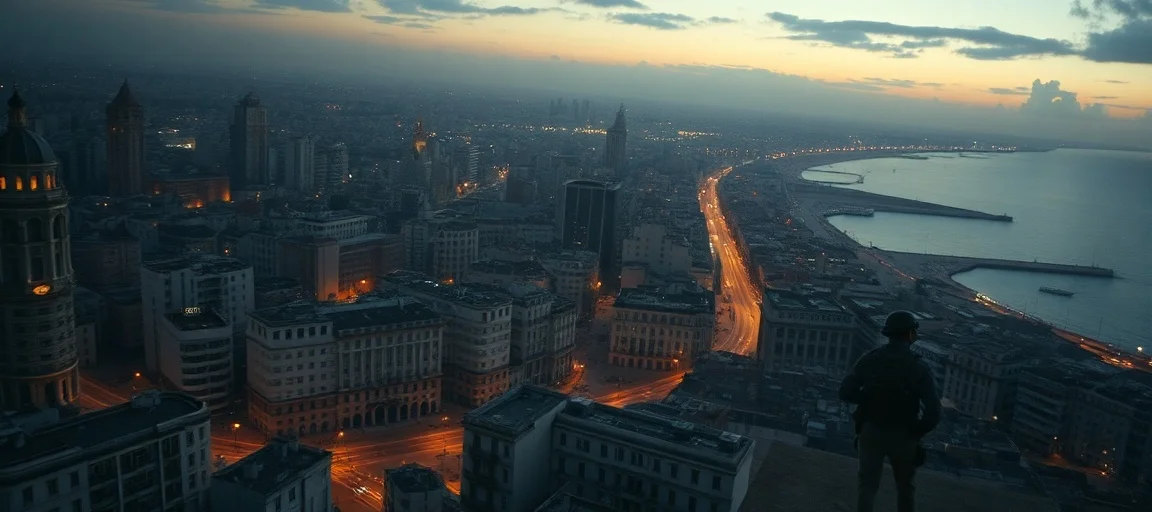 A detailed, high-angle view of Beirut cityscape at dusk, with subtle signs of military presence or heightened security. Style is realistic, lighting dramatic, reflecting tension.