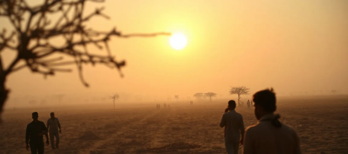 A scorching sun over a parched landscape in Telangana, India, with a blurry outline of people seeking shade, conveying the severity of a heatwave. Realistic style, late afternoon lighting, dusty atmosphere.