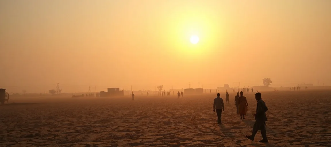 A scorching sun over a dry, cracked landscape in Telangana, India, with a hazy, intense heat shimmer. People seeking shade. Realistic, golden hour lighting.
