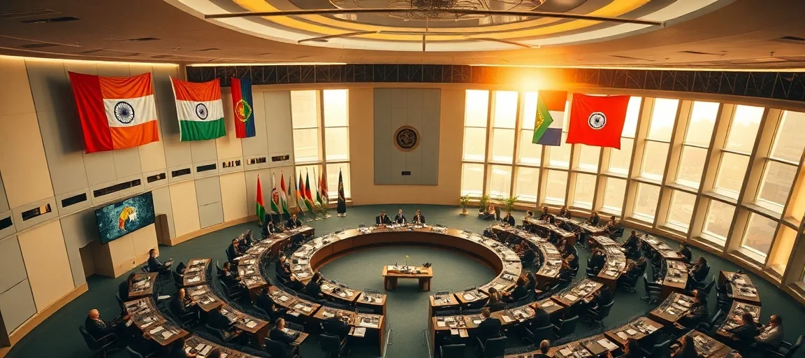 An aerial view of a modern conference hall in India, vibrant with flags of BRICS nations, delegates engaged in discussion, emphasizing global diplomacy and cooperation, golden hour lighting, realistic style.