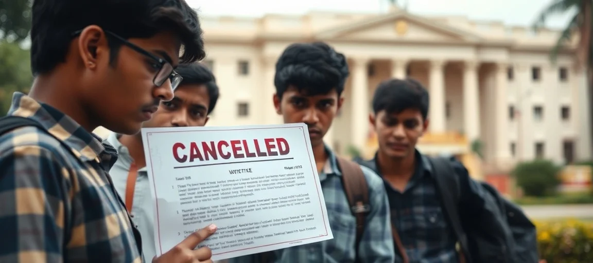 A distressed group of Indian students looking at a cancelled exam notice, with blurred background of official buildings, conveying frustration and uncertainty, realistic news photography style.