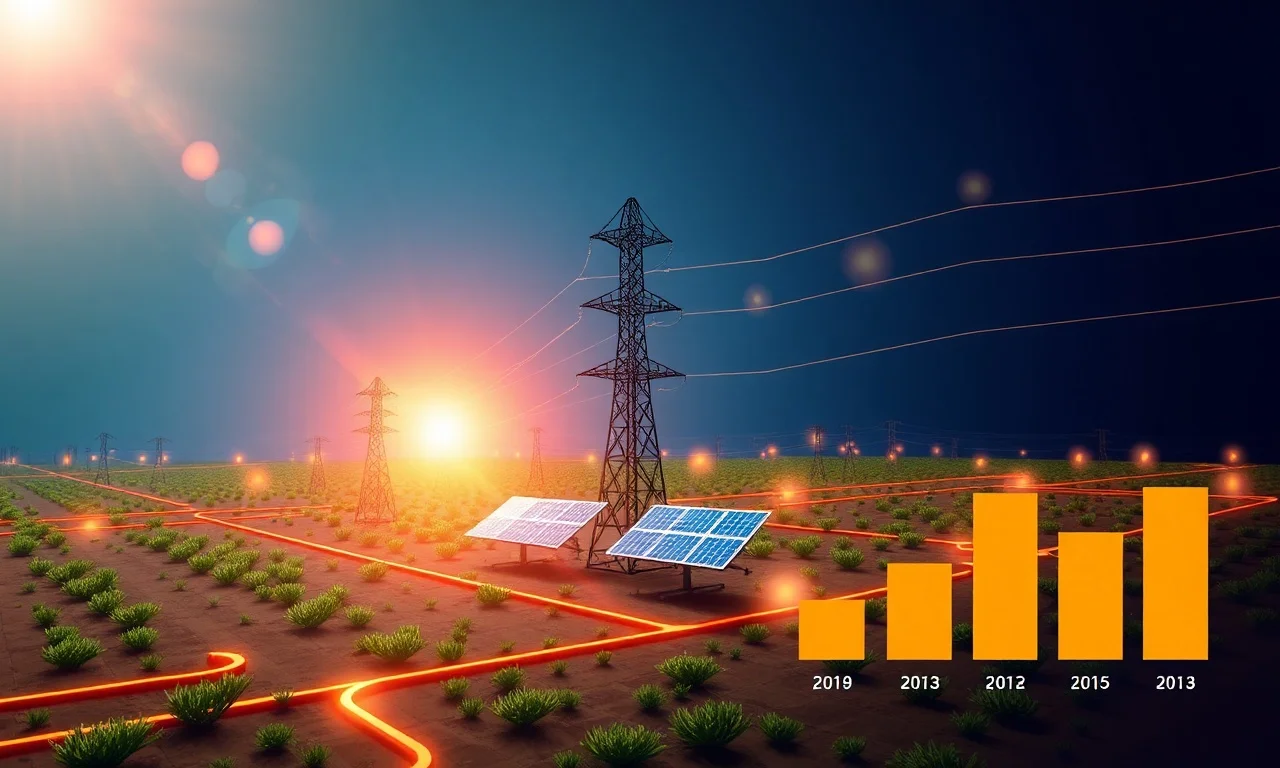 Vibrant infographic style image of India's electricity grid, with prominent solar panels feeding into it, demonstrating energy flow and meeting peak demand. Bright, optimistic lighting, digital art.