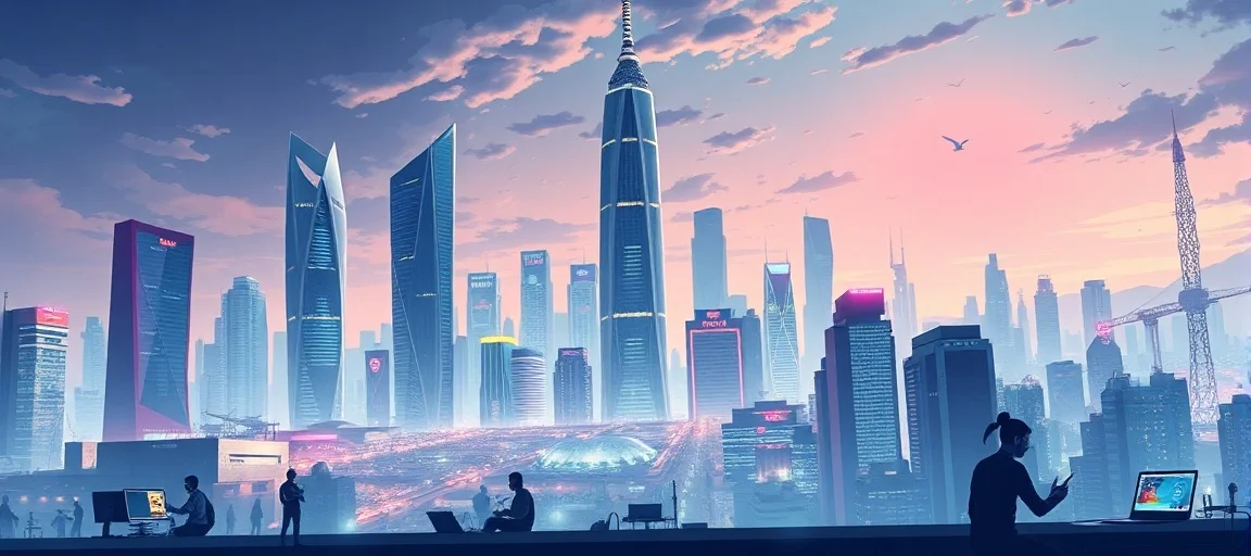A futuristic illustration of a bustling Indian cityscape with sleek skyscrapers, neon lights, and people working on laptops and robots, symbolizing the country's tech boom.