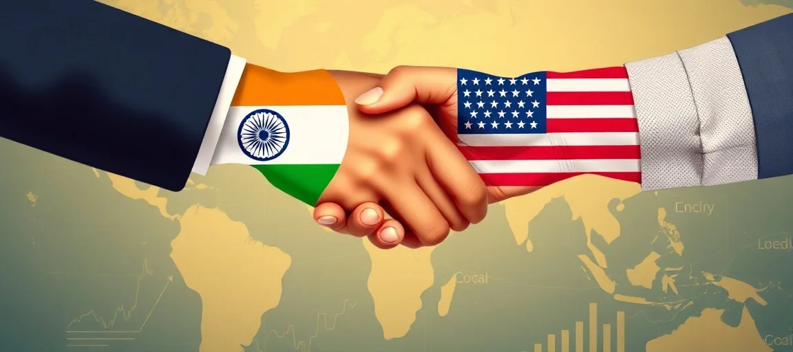 Two hands, one symbolizing India and one the US, shaking firmly over a stylized map of the two countries, with subtle economic charts in the background, signifying partnership and trade, in a modern, diplomatic art style with warm lighting.