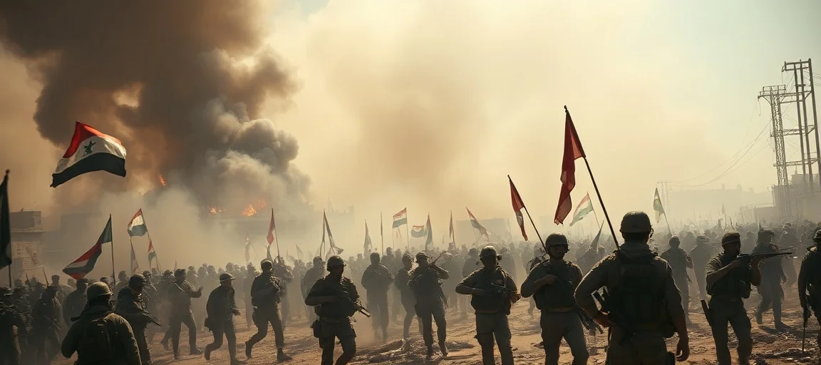 A dramatic scene of protests and military movements in the Middle East, with a backdrop of destruction and smoke, capturing the intensity of conflict and public unrest.