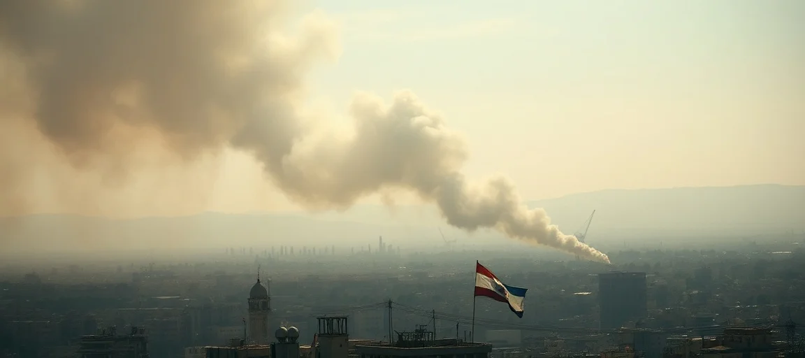 A tense scene of conflict in the Middle East, showing distant smoke plumes over a city with Israeli and Lebanese flags subtly in the background, news report style, dramatic lighting.