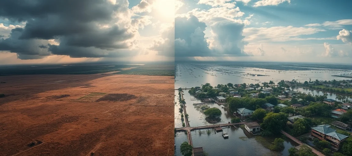 Aerial view of Latin America: parched earth from drought on one side, submerged homes from floods on the other, under a sky with sun and storm clouds.