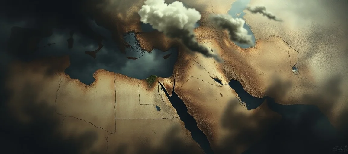 A somber, dramatic image depicting a fractured map of the Middle East, with subtle smoke and shadows, conveying a sense of escalating conflict and failed peace efforts. Overcast sky, realistic painting style.