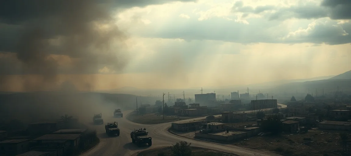 A dramatic, overhead shot of a smoke-filled southern Lebanese village with Israeli military vehicles advancing, under a turbulent sky, in a realistic, photojournalistic style with grim lighting.
