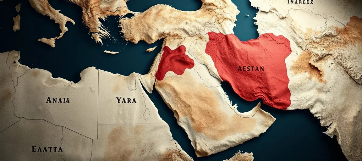 A high-quality image of a map of the Middle East with areas of conflict highlighted, with a somber and concerned atmosphere.