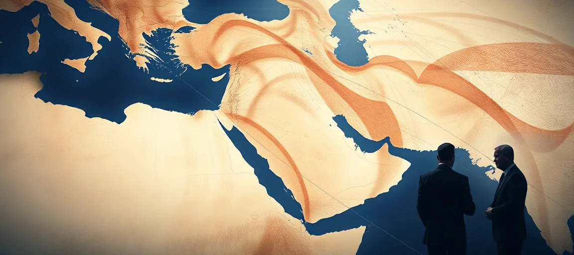 A detailed map of the Middle East, with various regions subtly highlighted, overlaid with abstract lines representing diplomatic ties and economic flows, global leaders in discussion in background, realistic news style.