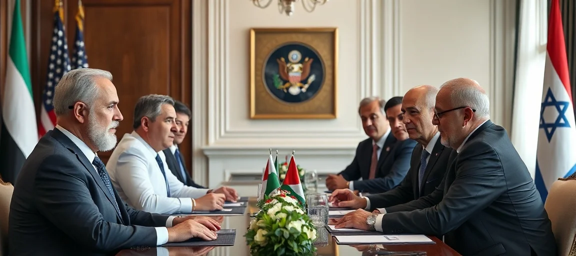 A high-quality image of a diplomatic meeting between Israeli and Palestinian representatives, with US officials in the background, symbolizing the ongoing peace efforts in the Middle East.