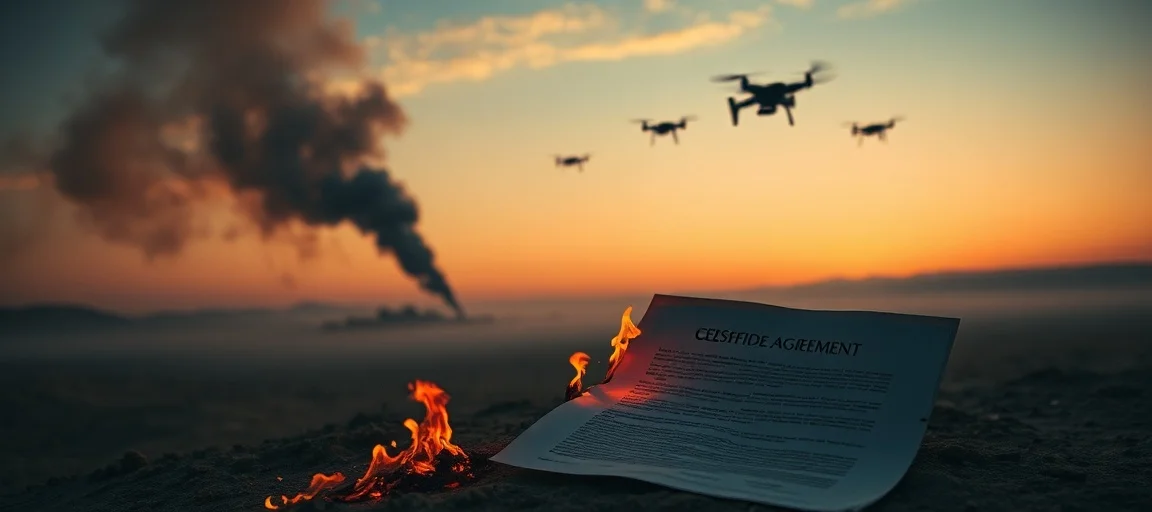 A dramatic, high-angle shot of a desert landscape at dusk with smoke rising from a distant drone strike, silhouetted military drones flying overhead, and a broken ceasefire agreement document burning in the foreground. Intense, somber lighting.