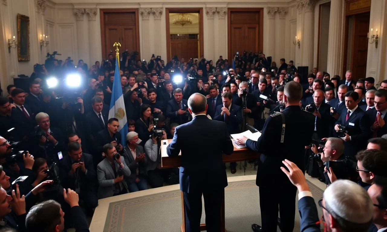 A wide shot of Argentine President Milei standing at a podium in the Casa Rosada, facing a dense crowd of journalists with cameras and microphones.
