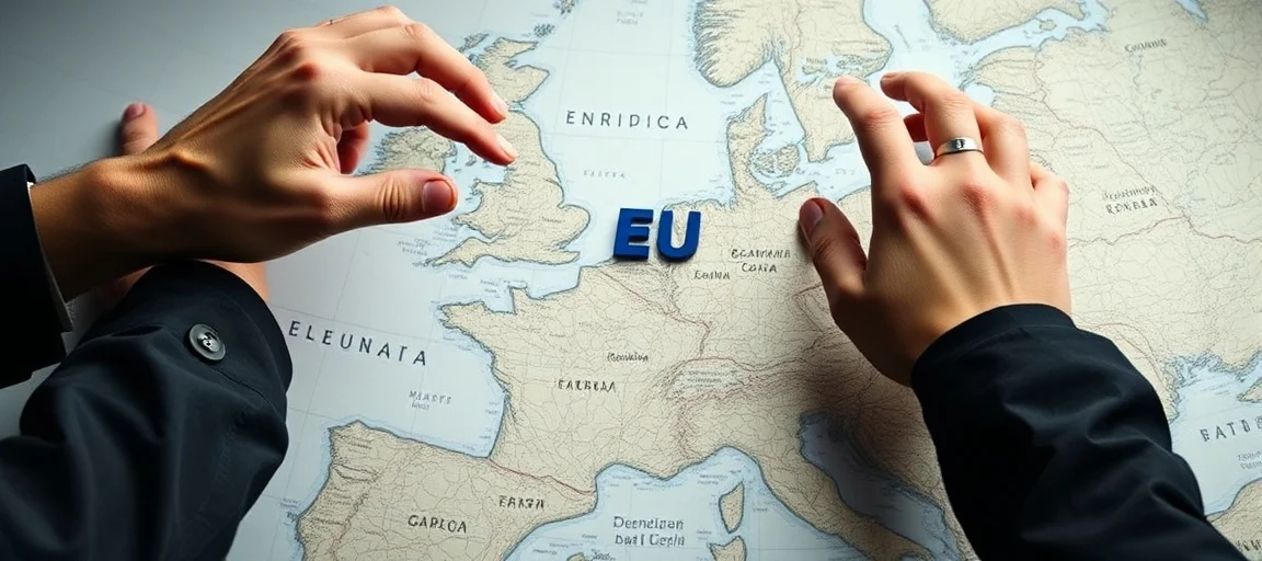 A detailed map of Europe with subtle red distress signals over key regions, hands reaching out to stabilize a crumbling archway labeled 'EU', in a realistic, geopolitical news photography style.