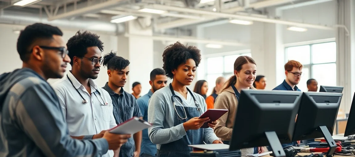 A diverse group of adult learners in a modern, brightly lit vocational training center, some with tools, some looking at computer screens. Emphasize learning and skill development. Include elements of various in-demand fields like healthcare, IT, and skilled trades. Dynamic, hopeful atmosphere. Realistic photography.