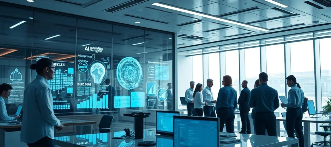 A futuristic office environment with sleek interfaces showing data flowing, integrated AI models, and diverse professionals collaborating. High-tech, clean, professional, dynamic lighting, subtle digital glow.