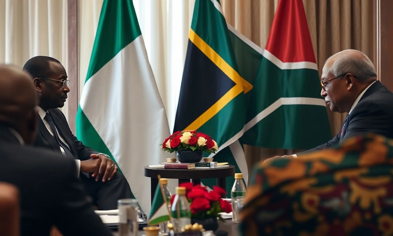 A diplomatic meeting scene with Nigerian and South African flags in the background, showing serious discussions, with a subtle undertone of unrest in the foreground. Realistic, news photography style.