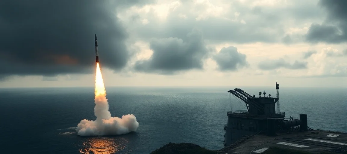 A dramatic, high-angle view of ballistic missiles launching from a North Korean west coast facility into the sea, with dark clouds and an atmospheric, serious news photography style.