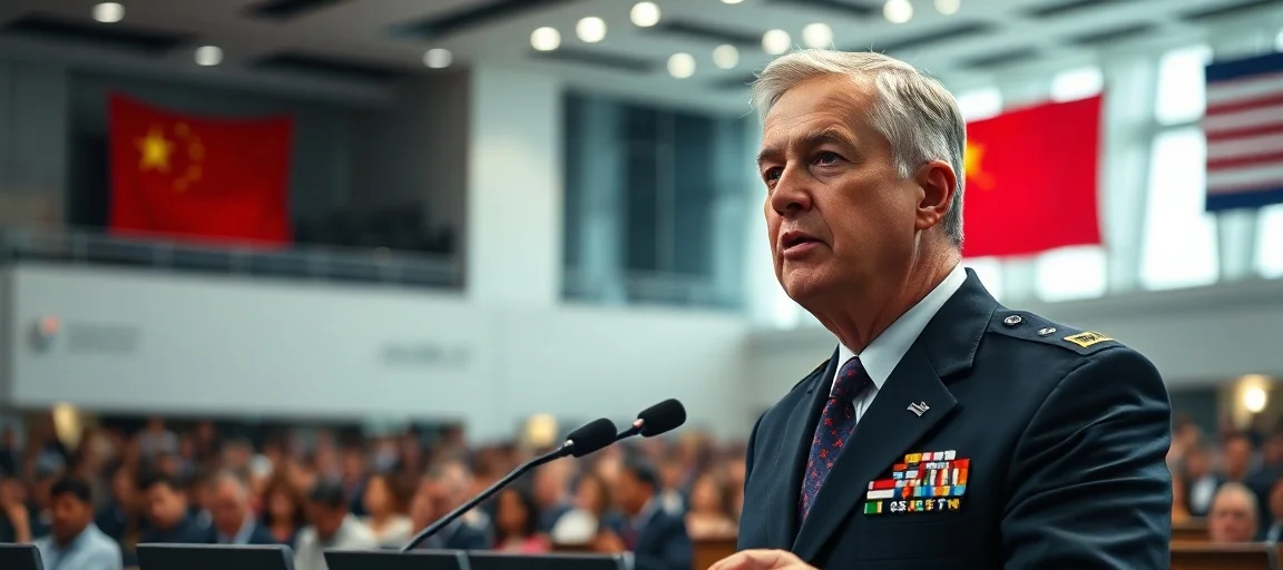 US Secretary of Defense speaking at a large international conference, Asian and American flags subtly in the background, focused and serious atmosphere, modern architectural interior, professional photography style, dramatic lighting.