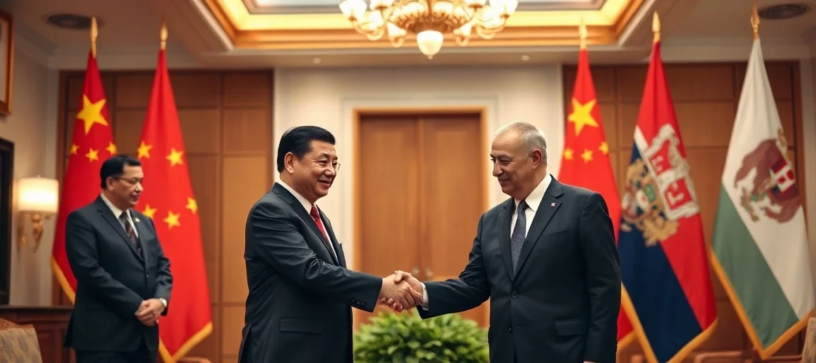 A formal diplomatic meeting scene with President Xi Jinping and the Serbian President shaking hands in a grand hall, flanked by Chinese and Serbian flags, warm lighting, state visit atmosphere.