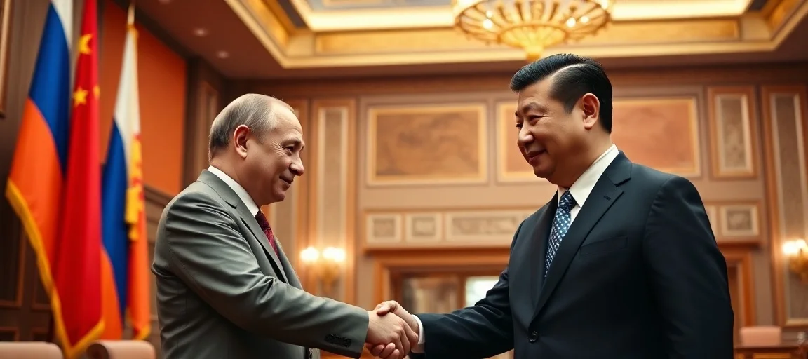 Vladimir Putin and Xi Jinping shaking hands in a grand, ornate hall in Beijing, with flags of Russia and China in the background, formal, diplomatic, serious tone, warm lighting.